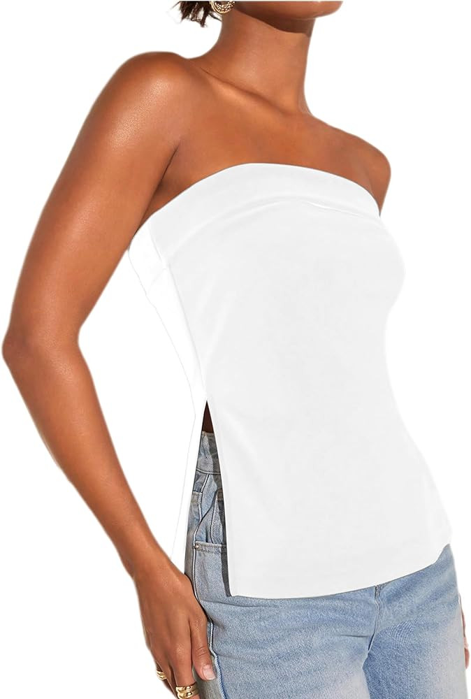 Floerns Women's  Summer Solid Strapless Bandeau Split Hem Casual Going Out Tube Top | Amazon (US)