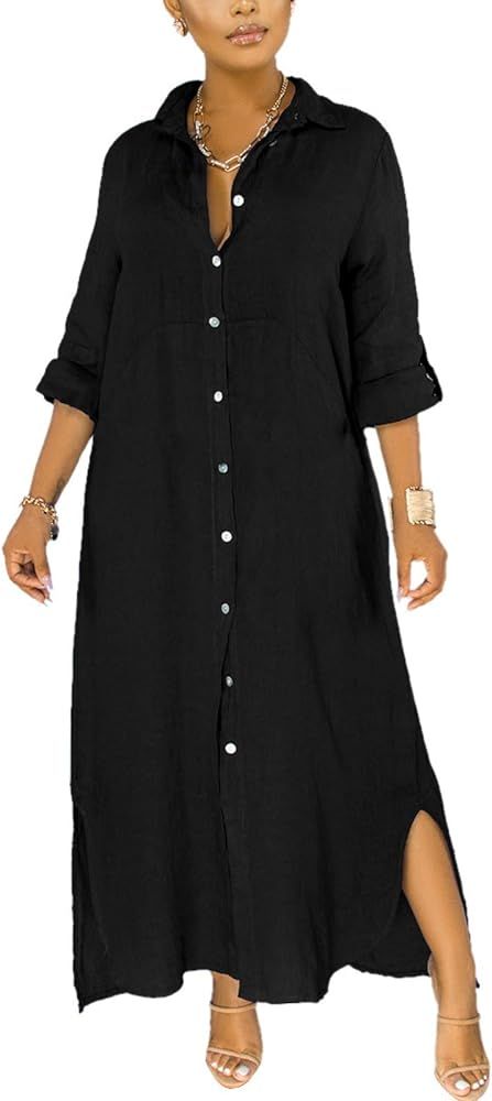 nqgsntc Women V Neck Rolled Up Sleeve Lining Dress Button Down Side Slit Shirt Maxi Dresses | Amazon (US)