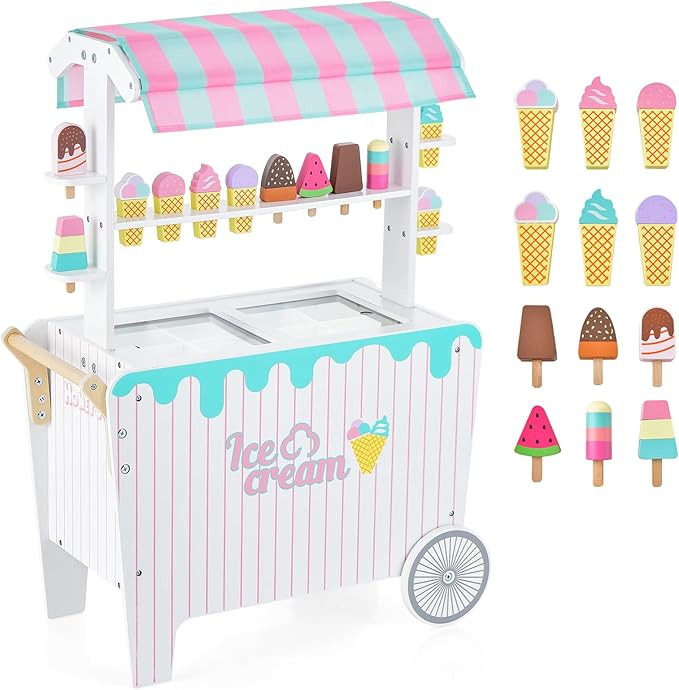 HONEY JOY Kids Ice Cream Cart, Wooden Grocery Store Playset w/12 Pieces Play Accessories, Display... | Amazon (US)