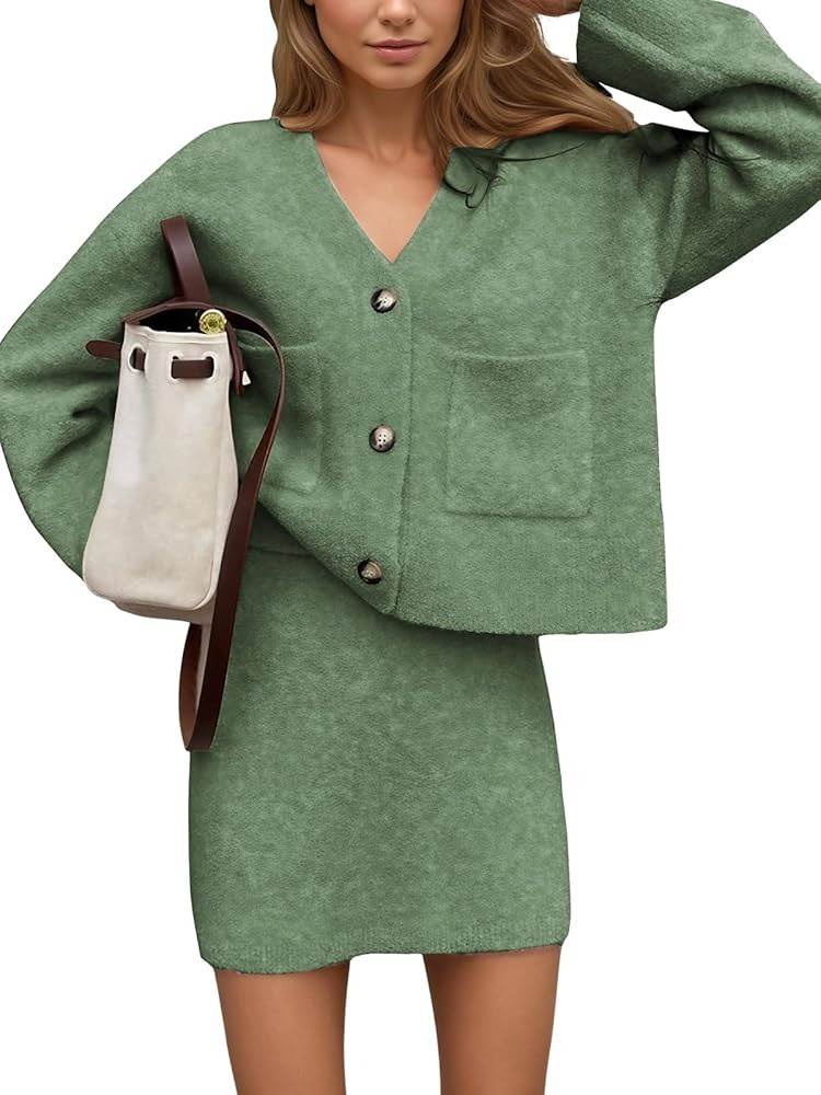 EXLURA Womens 2 Piece Skirt Sweater Sets V Neck Button Up Cardigan Mini Skirts Fall Winter Knit T... | Amazon (US)