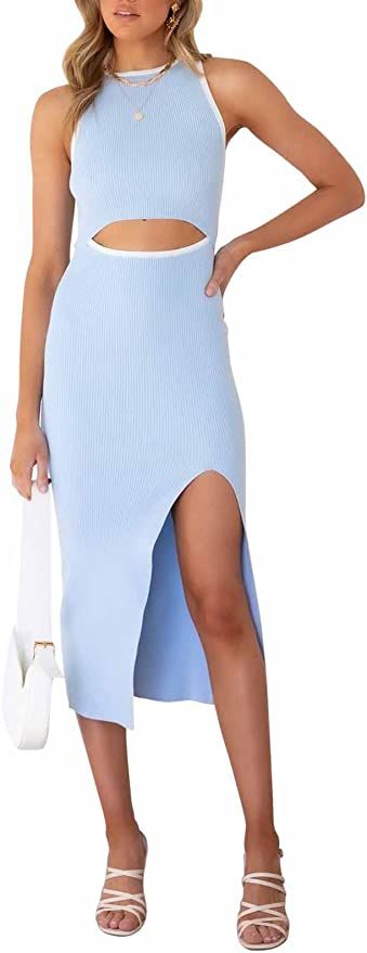 Pink Queen Women's Crew Neck Sleeveless Cutout Side Slit Knee Length Bodycon Midi Dress | Amazon (US)