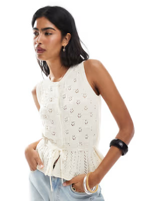 Miss Selfridge crochet tie waist  sleeveless peplum cardigan in cream | ASOS (Global)