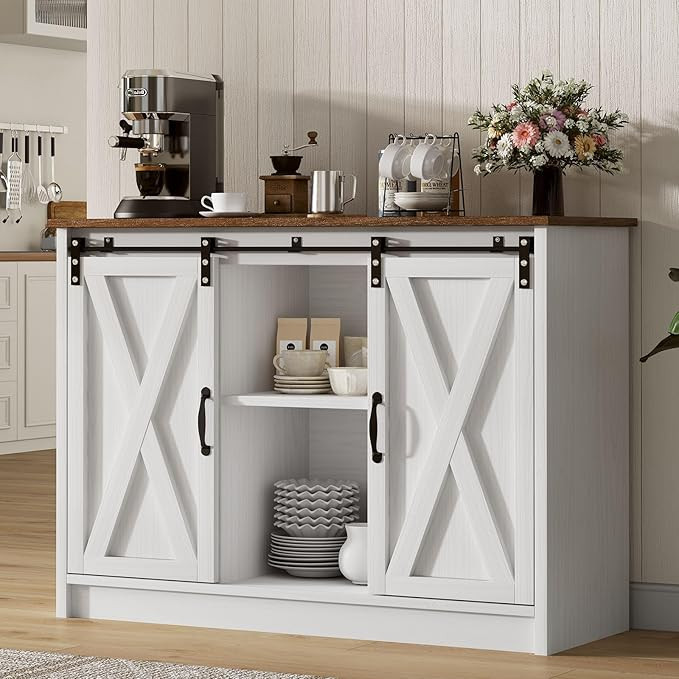 4 EVER WINNER Coffee Bar Cabinet with Sliding Barn Doors, 42”Farmhouse Buffet Cabinet with Stor... | Amazon (US)