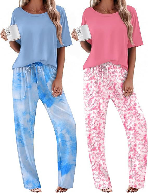 Ekouaer 2 Pack Womens Pajama Sets Short Sleeve Tops and Long Pants Casual Comfy Pjs Lounge Set wi... | Amazon (US)