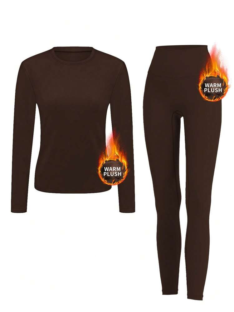 Women's Solid Color Fleece Thermal Underwear Set, Comfortable Base Layer, Warm Tight Pants For Outdoor Activities, Skiing, Long Sleeve Crew Neck Top And Pants Set, Yoga Outfit | SHEIN