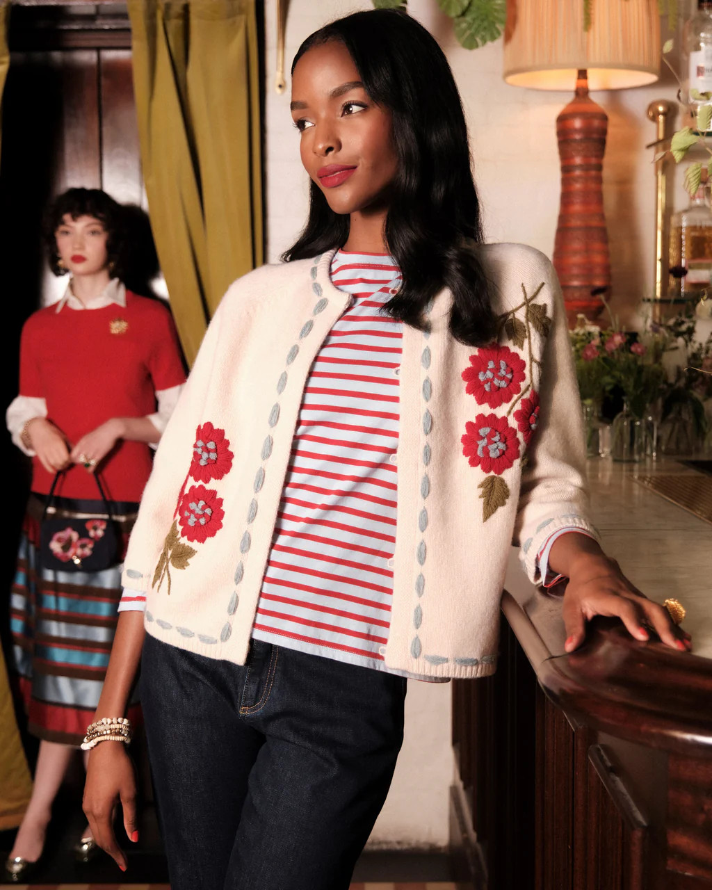 Blanket Stitch Border Cardi - Floating Floral | Frances Valentine