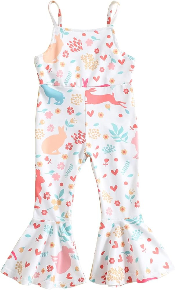 MODNTOGA Baby Girl Easter Outfits Bell Bottoms Romper Toddler Bunny Floral Print Jumpsuit One Pie... | Amazon (US)