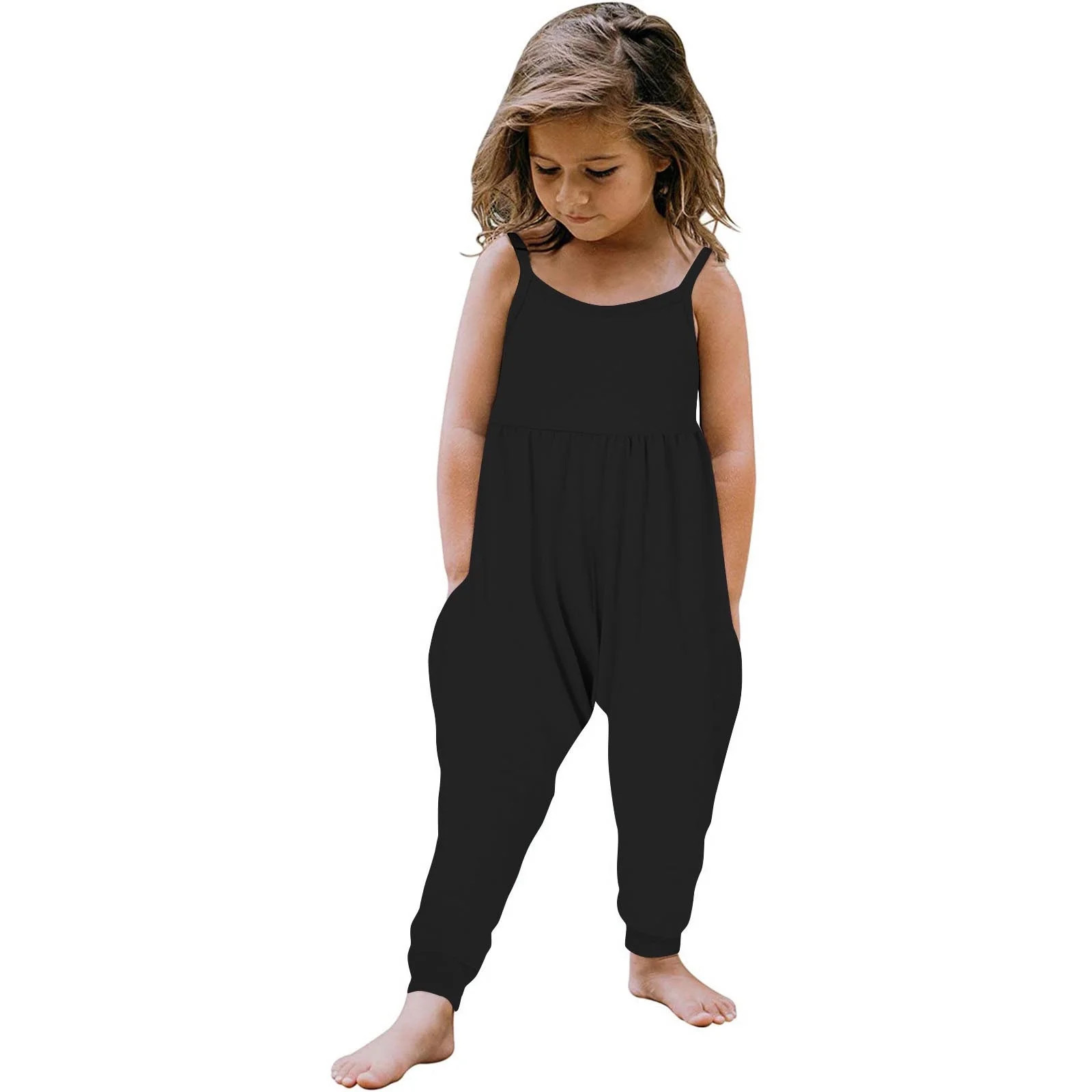 qolati Toddler Girls Kids Jumpsuit One-Piece Solid Playsuit Strap Romper Summer Outfits Clothes w... | Walmart (US)