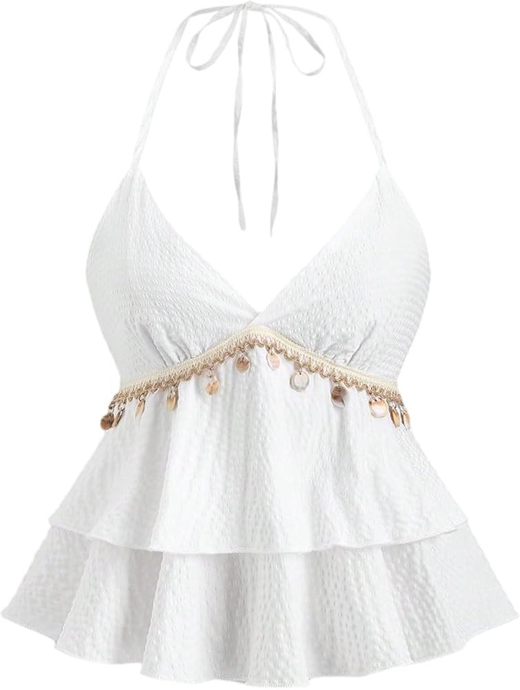 Verdusa Women's Boho Chic Shell Tassel Tie Backless Halter Top Textured Ruffle Layered Babydoll T... | Amazon (US)