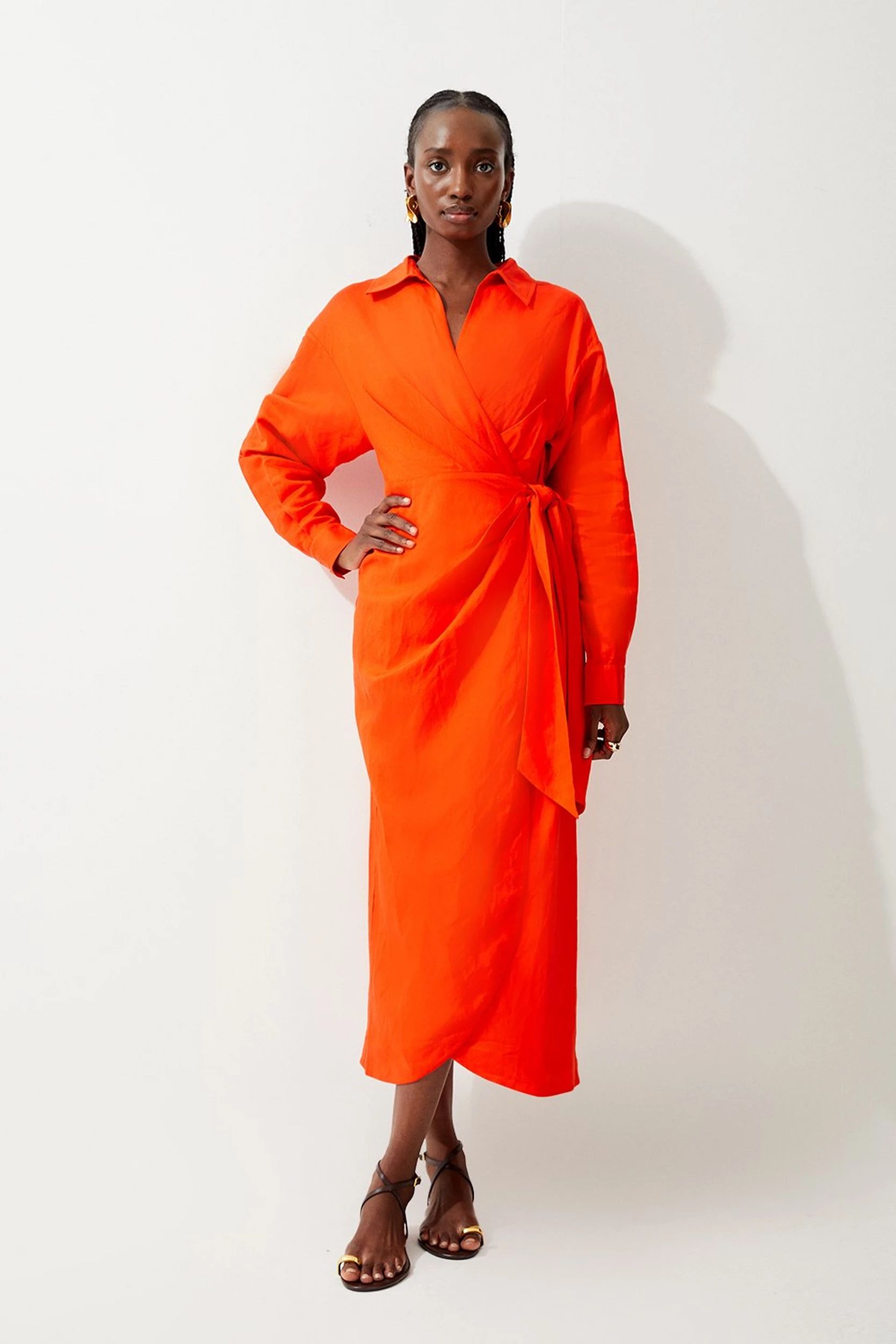 Viscose Linen Woven Tie Wrap Maxi Shirt Dress | Karen Millen UK + IE + DE + NL