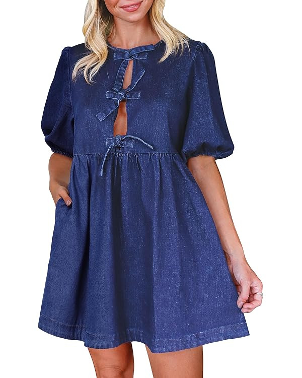 Qazel Vorrlon Denim Dress for Women Puff Short Sleeve Babydoll Jean Romper Pockets Summer Casual ... | Amazon (US)
