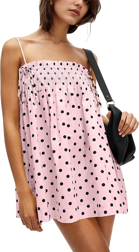 OLAPTA Women Polka Dot Spaghetti Strap Smocked Mini Dress Square Neck Backless Sleeveless Ruched ... | Amazon (US)