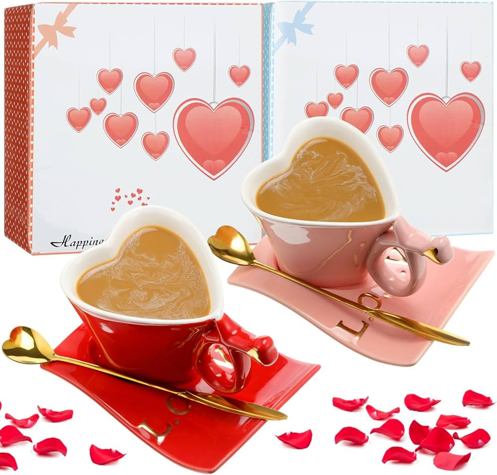 Shellwei 2 Sets Valentine's Day Heart Ceramic Coffee Mug with Spoons and Saucers 5.1 oz Heart Sha... | Amazon (US)