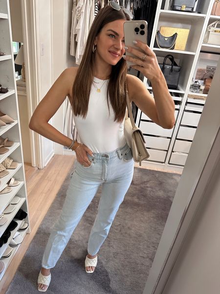 Loving these carpenter jeans! I'm wearing a size 25R in the jeans & a S in the bodysuit. My heels fit TTS. // Abercrombie, AF outfit, spring outfit