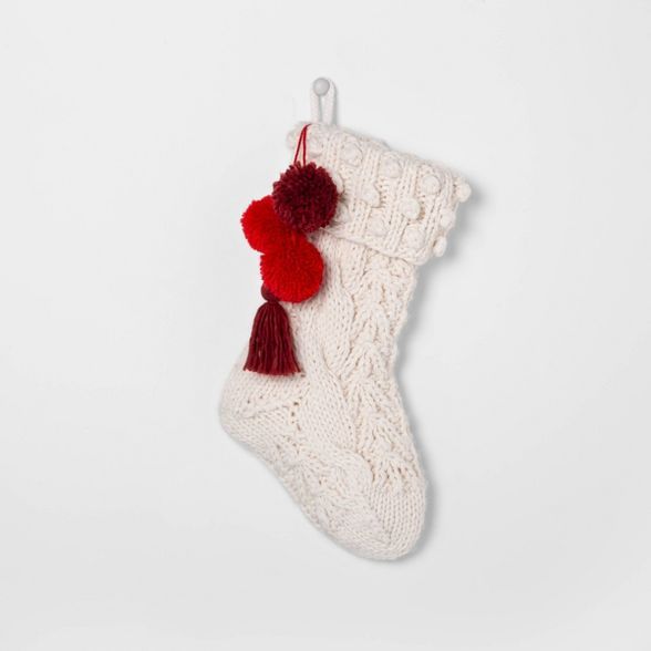 Holiday Stocking Sour Cream Knit with Red Poms - Hearth & Hand™ with Magnolia | Target