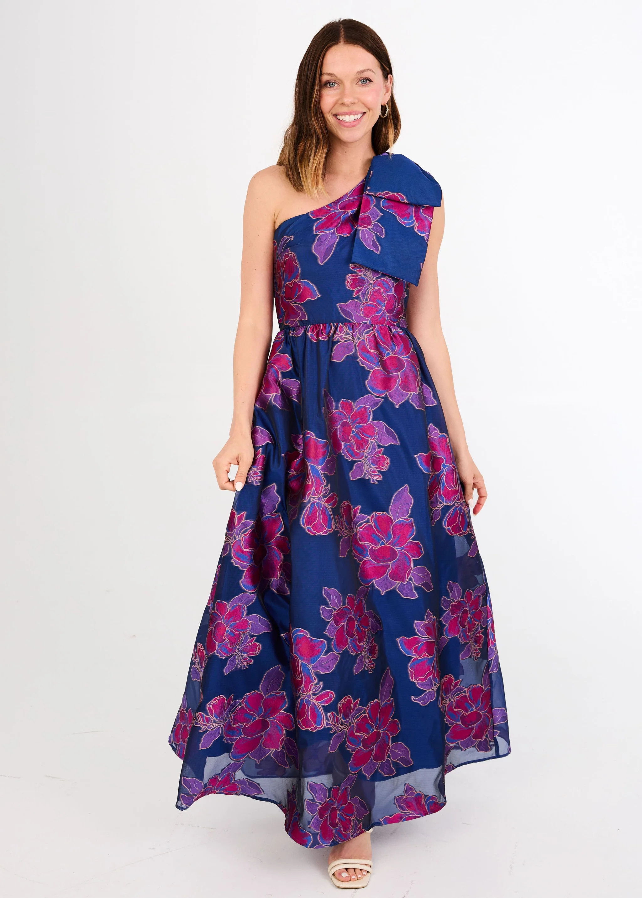 Caroline Gown Fuchsia Navy Peony Organza | Abbey Glass