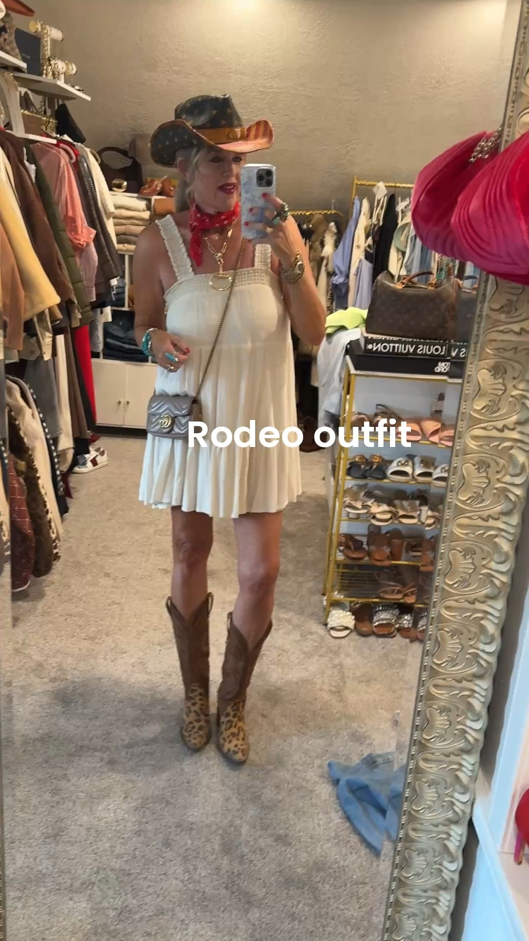 Rodeo outfit 

American flag cowboy hat

Cream sundress free people 
Old linked similar 

Leopard  & suede cowboy boots fit tts 

Red bandanna around neck 

Horse bit gold necklace 

A mixture of turquoise rings and bracelets 

Gucci bag

#LTKootd #LTKOver40 #LTKdayinmylife