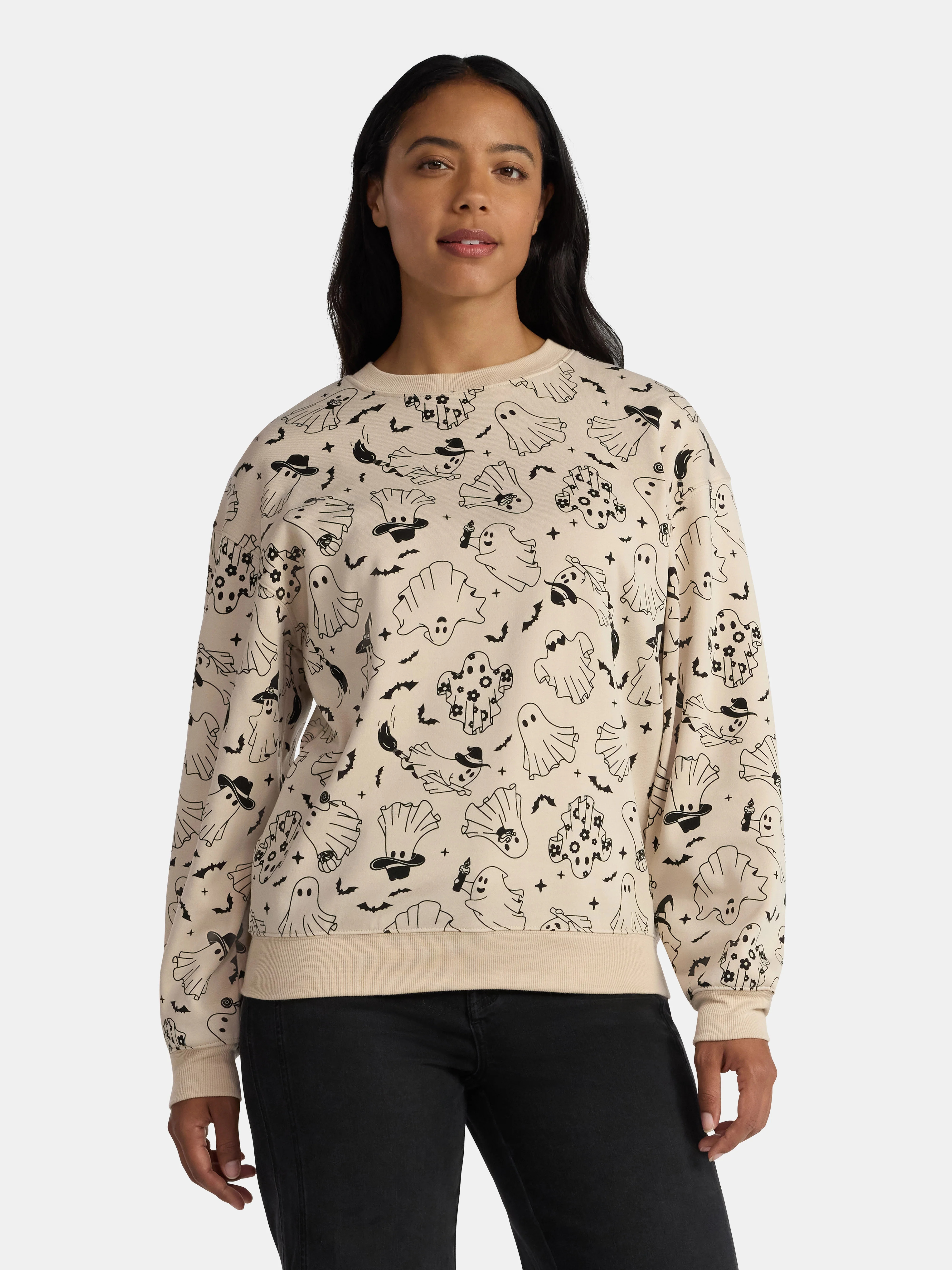 Halloween Women's Happy Ghost Graphic Print Sweatshirt with Long Sleeves, Sizes XXS-XXL | Walmart (US)