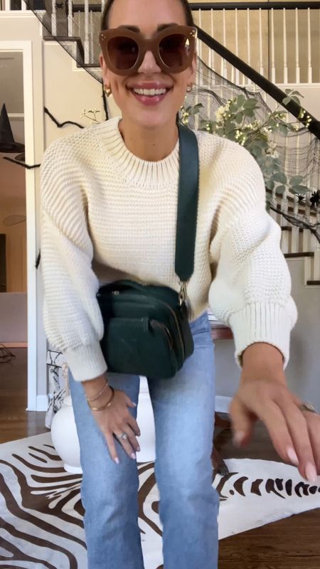 Love this outfit from this time last year. Cream knit sweater, Ribcage high waist denim, tan chucks, personalized leather crossbody bag