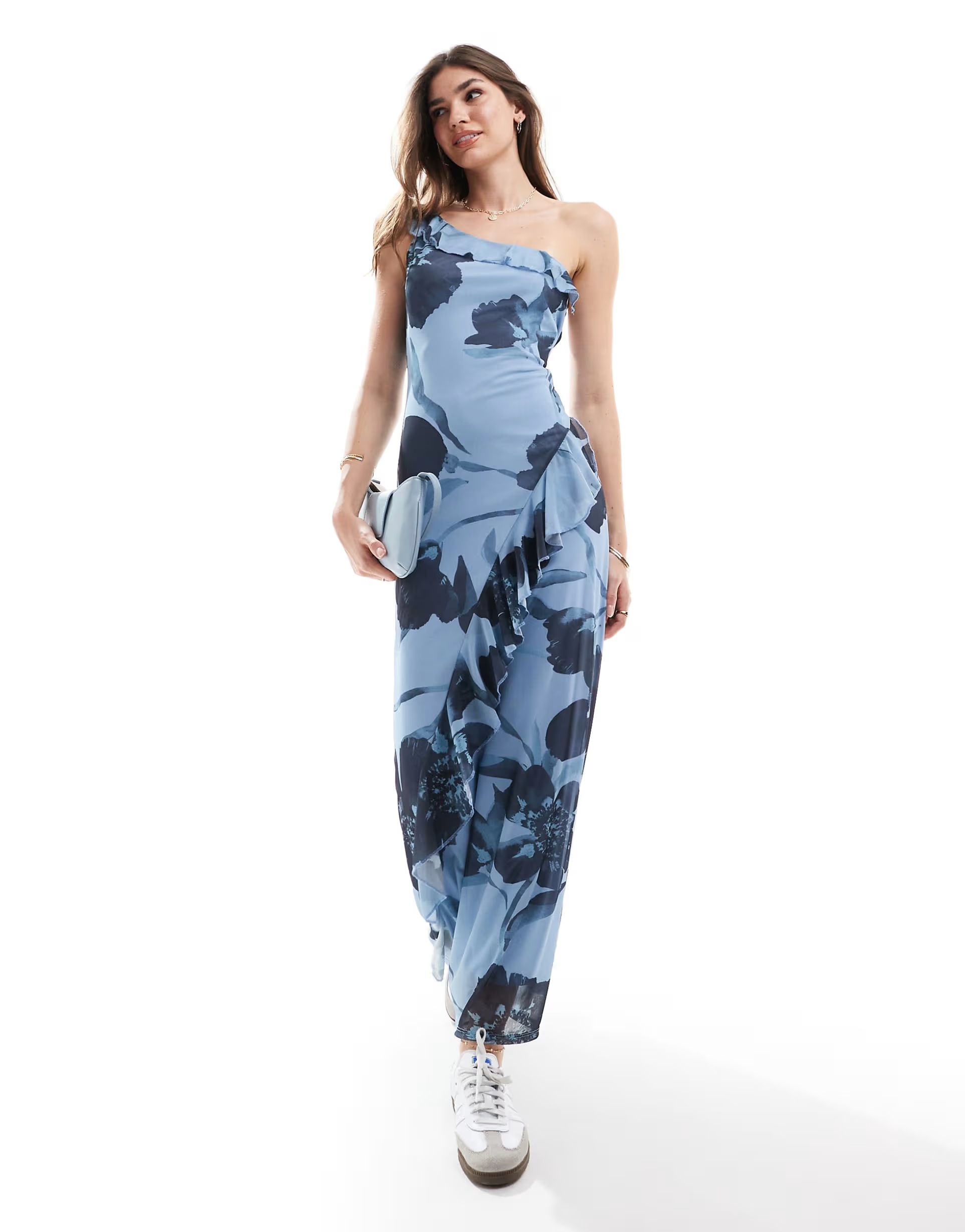 ASOS DESIGN one shoulder frill maxi dress with ruffles in blue floral print | ASOS (Global)