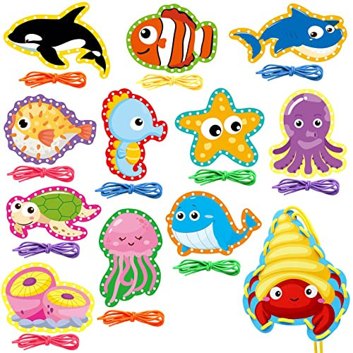 Sea Animals Lacing Cards Sewing Cards For Kids 12 Pack Shark Whale Ocean Theme Party Decor Double Sided Cardboard Lacing Playing Games for Preschool Home Developing Imagination Education Supplies | Amazon (US)