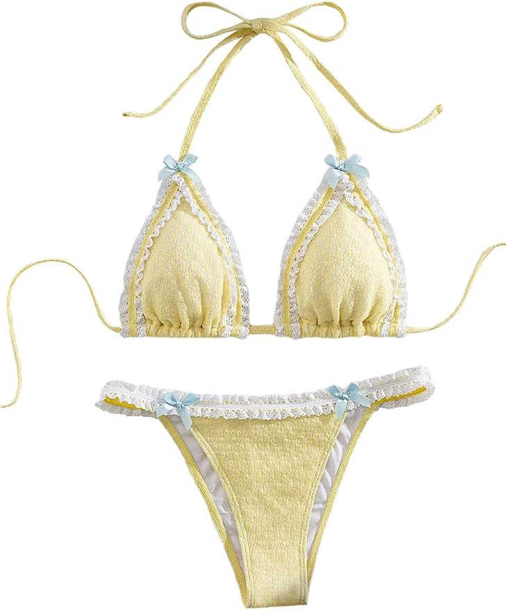 Amazon.com: Milumia Women's Lace Trim Bow Tie Bikini Set Triangle Halter Cheeky 2 Piece Swimsuit ... | Amazon (US)