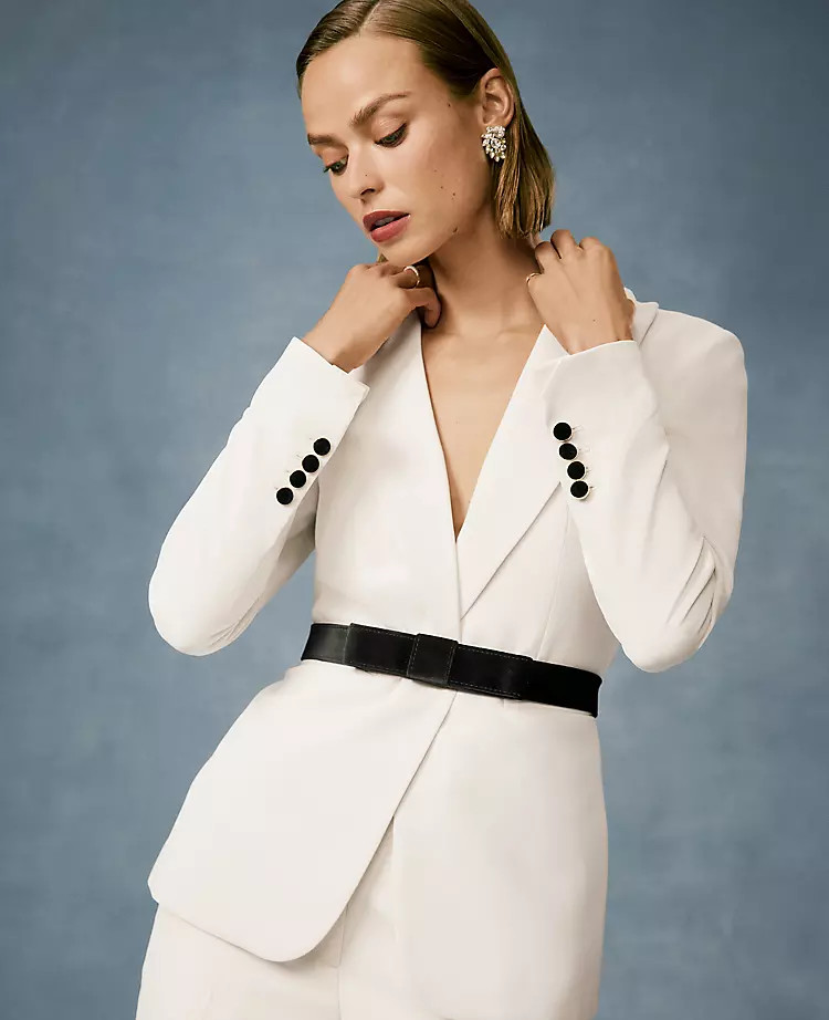Belted Crepe Fitted Long Blazer | Ann Taylor