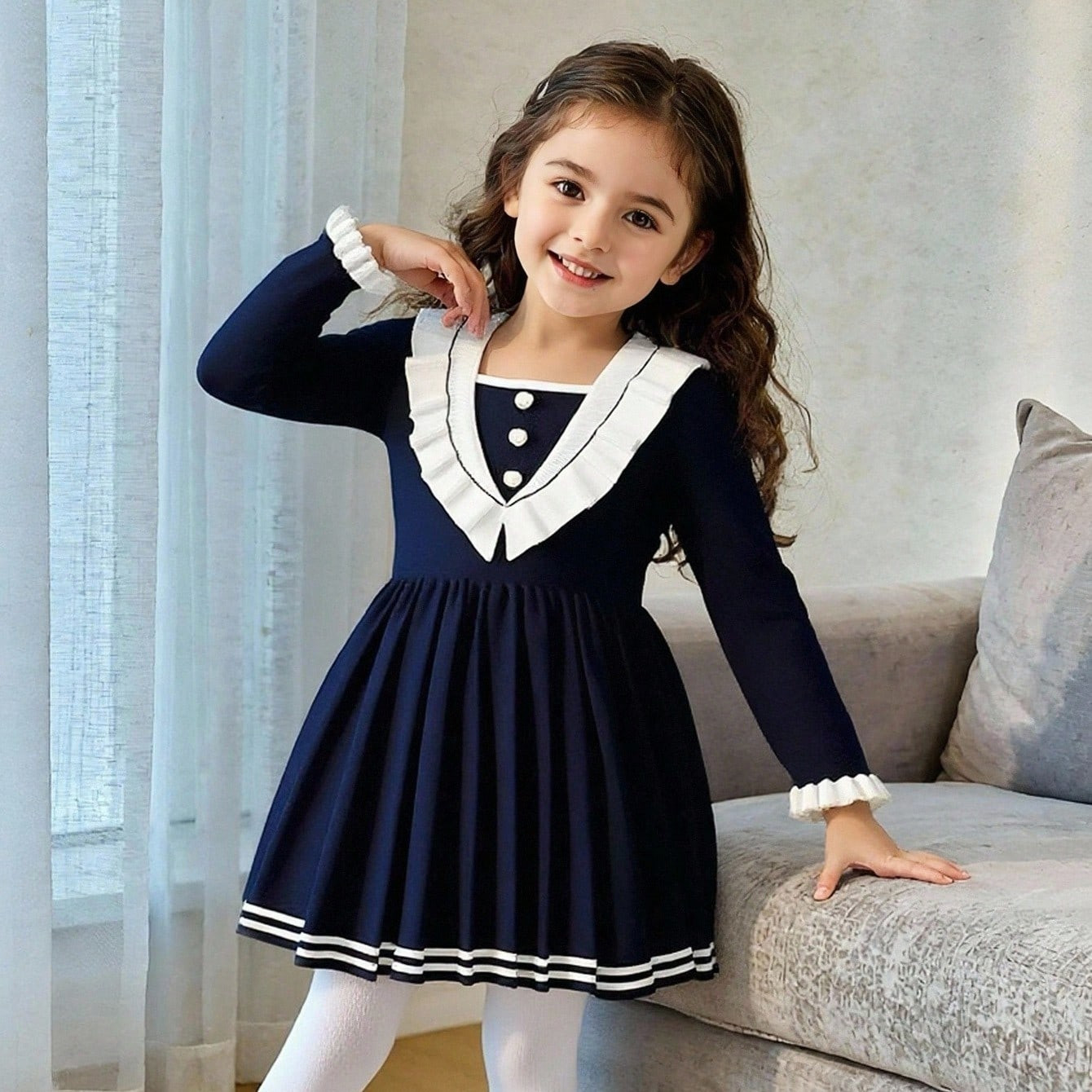 Souflis Souflis Young Girls' Cute Heart-Button Sweater Dresses - Ruffled Collar, Sweet Princess Style, Autumn/Winter Girls Pleated Dress Girls Navy Blue Dress Navy Blue Sweater Dress Long Sleeve Girls Dress Girls Collared Dress Fall | SHEIN
