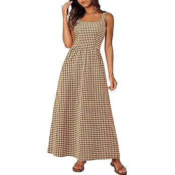 Women's 2026 Summer Spaghetti Strap Maxi Dresses Plaid Square Neck A Line Casual Beach Vacation L... | Amazon (US)