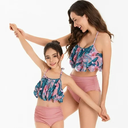 CHUOU Mommy And Me Swimsuits Matching Family Swimwear Mother Girls 2 Pcs Summer Floral Stripes Bathing Suits Set | Walmart (US)