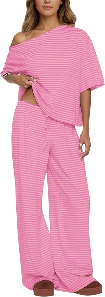MISSACTIVER Women’s 2 Piece Striped Lounge Set Comfy Off Shoulder Shirts Drawstring Pants Match... | Amazon (US)