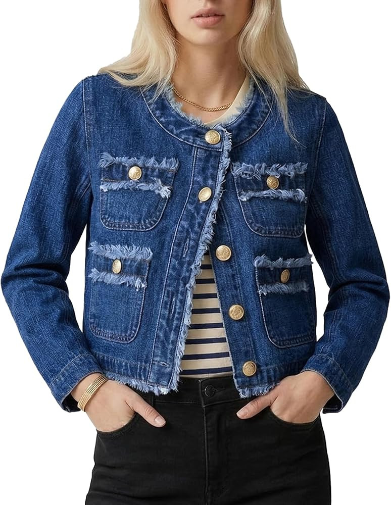 Ladyful Women's Denim Jacket Cropped Button Down Long Sleeve Collarless Frayed Distressed Trendy ... | Amazon (US)