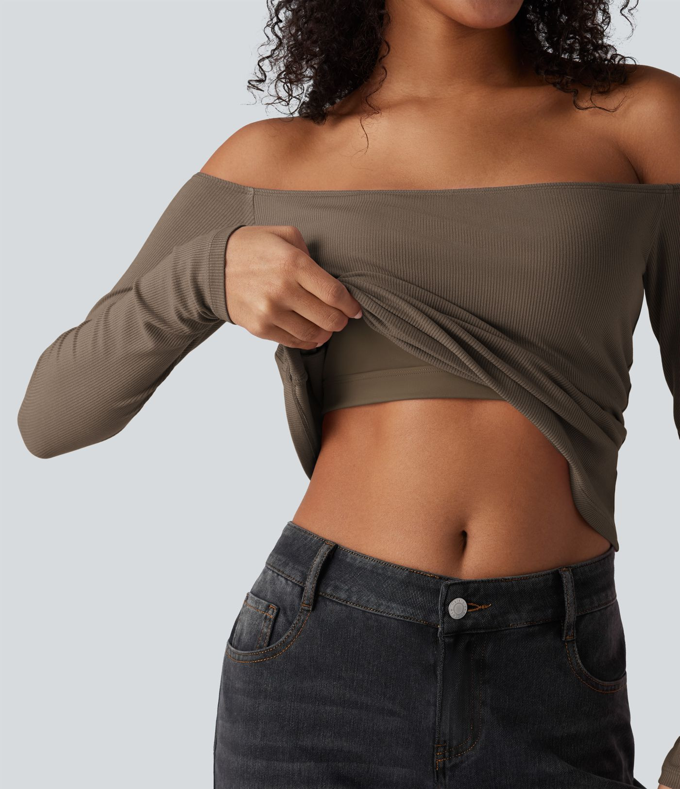 Women’s Ribbed Knit Off Shoulder Long Sleeve 2-in-1 Casual Top - Halara | HALARA