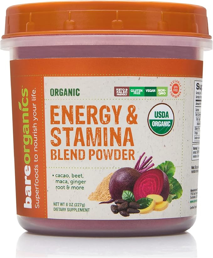 BareOrganics Energy & Stamina Blend Powder, Organic Superfood, Vegan Dietary Supplement, 8 Ounces | Amazon (US)