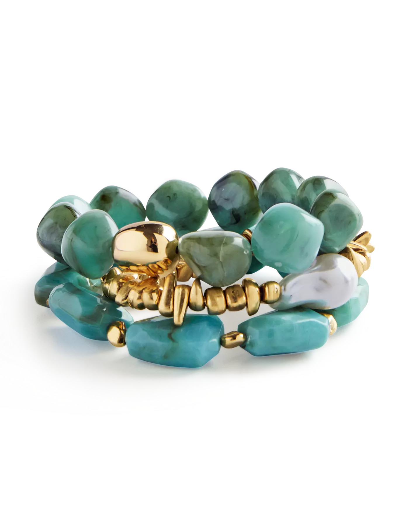 Turquoise Stone Pearl Bead Bracelet Set - Turquoise/Gold | Boston Proper | Boston Proper