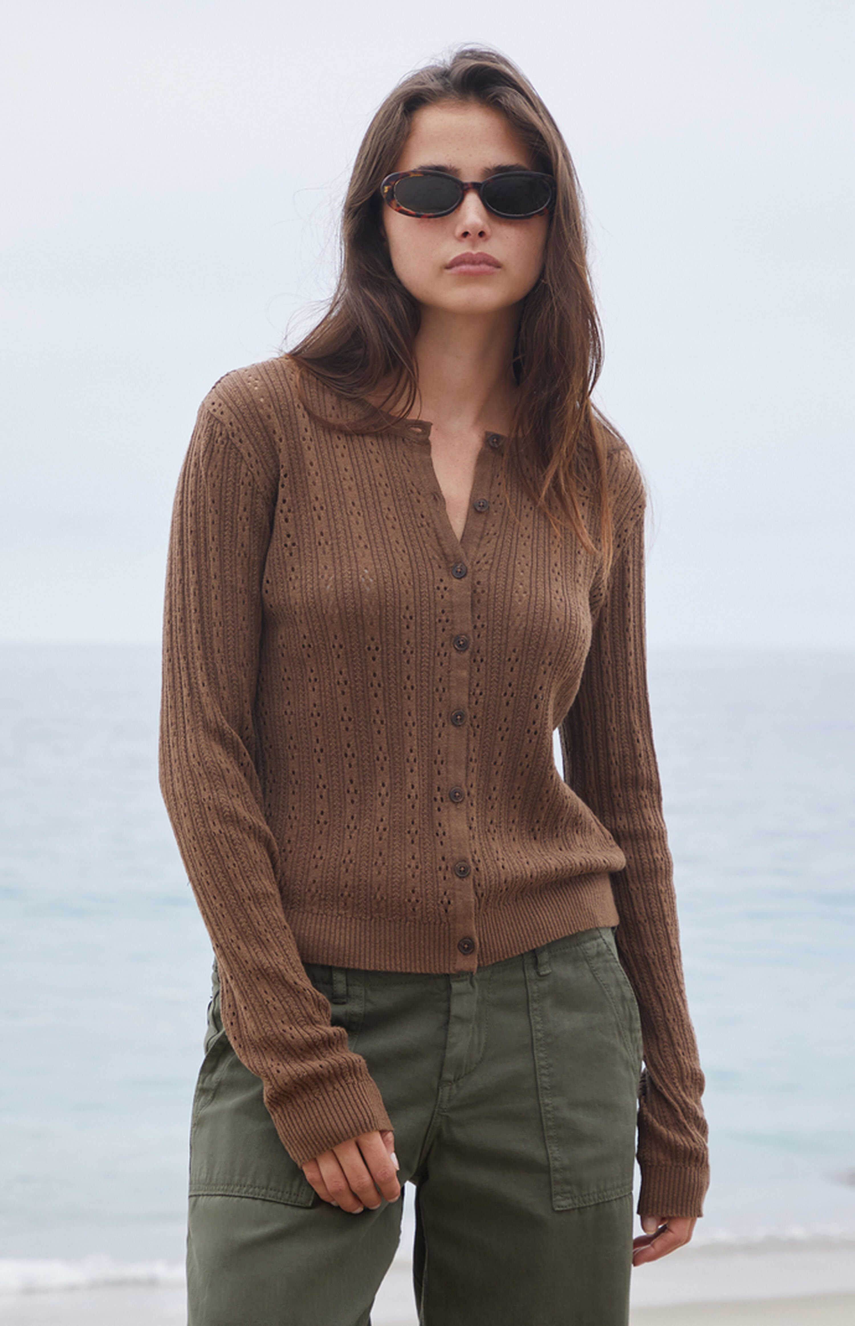 John Galt Brown Button Up Open Knit Cardigan | PacSun