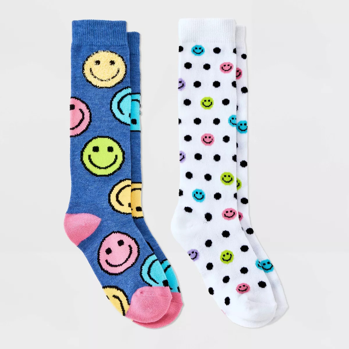 Girls' 2pk 'Smiley' Fashion Knee High Socks - Cat & Jack™ Heather Blue/White | Target