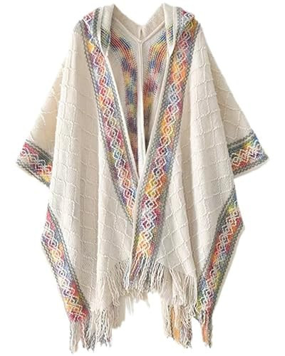 Bsubseach Knit Shawl Wraps for Women Soft Fringe Poncho Sweater Cape with Hooded for Fall Winter Beige | Amazon (US)
