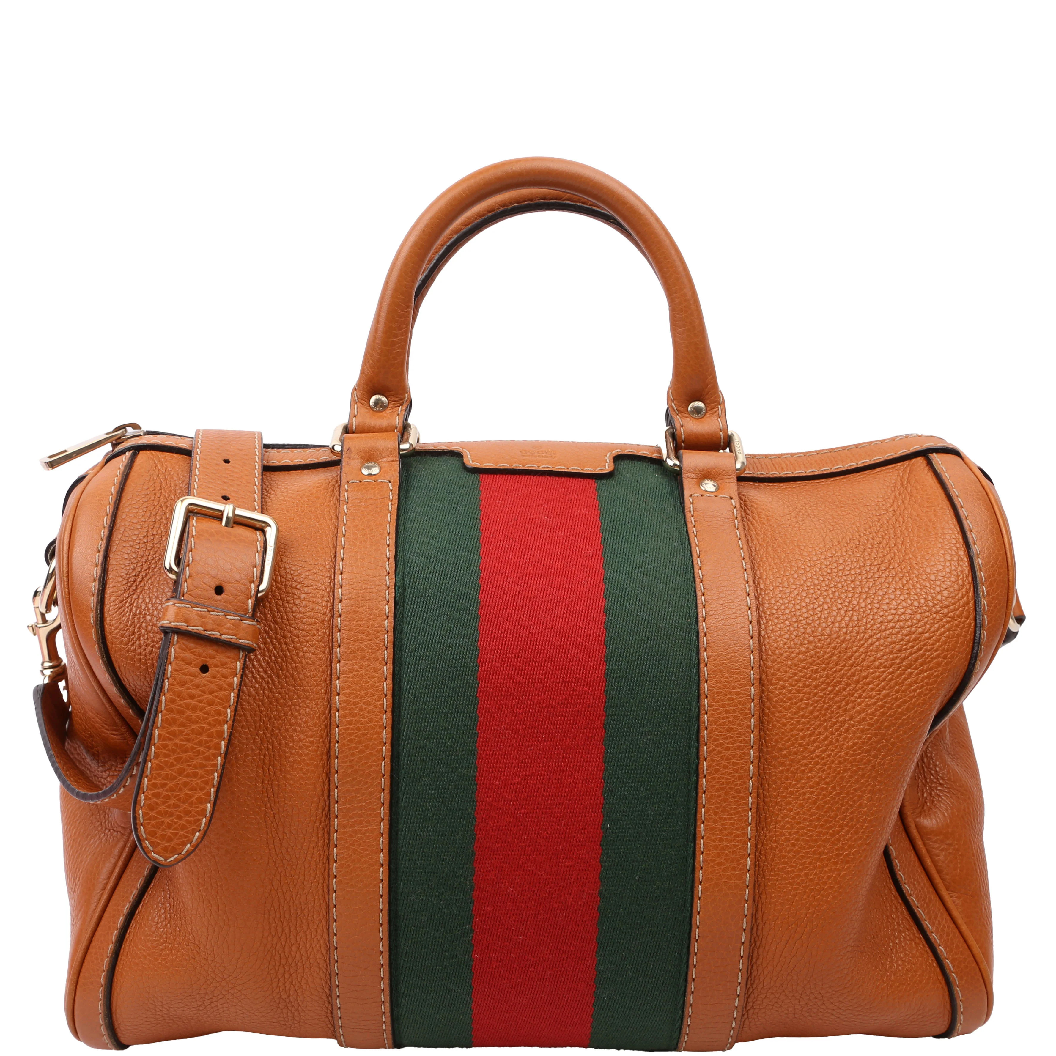 247205 Boston Bag Web Leather Brown | Keeks Designer Handbags