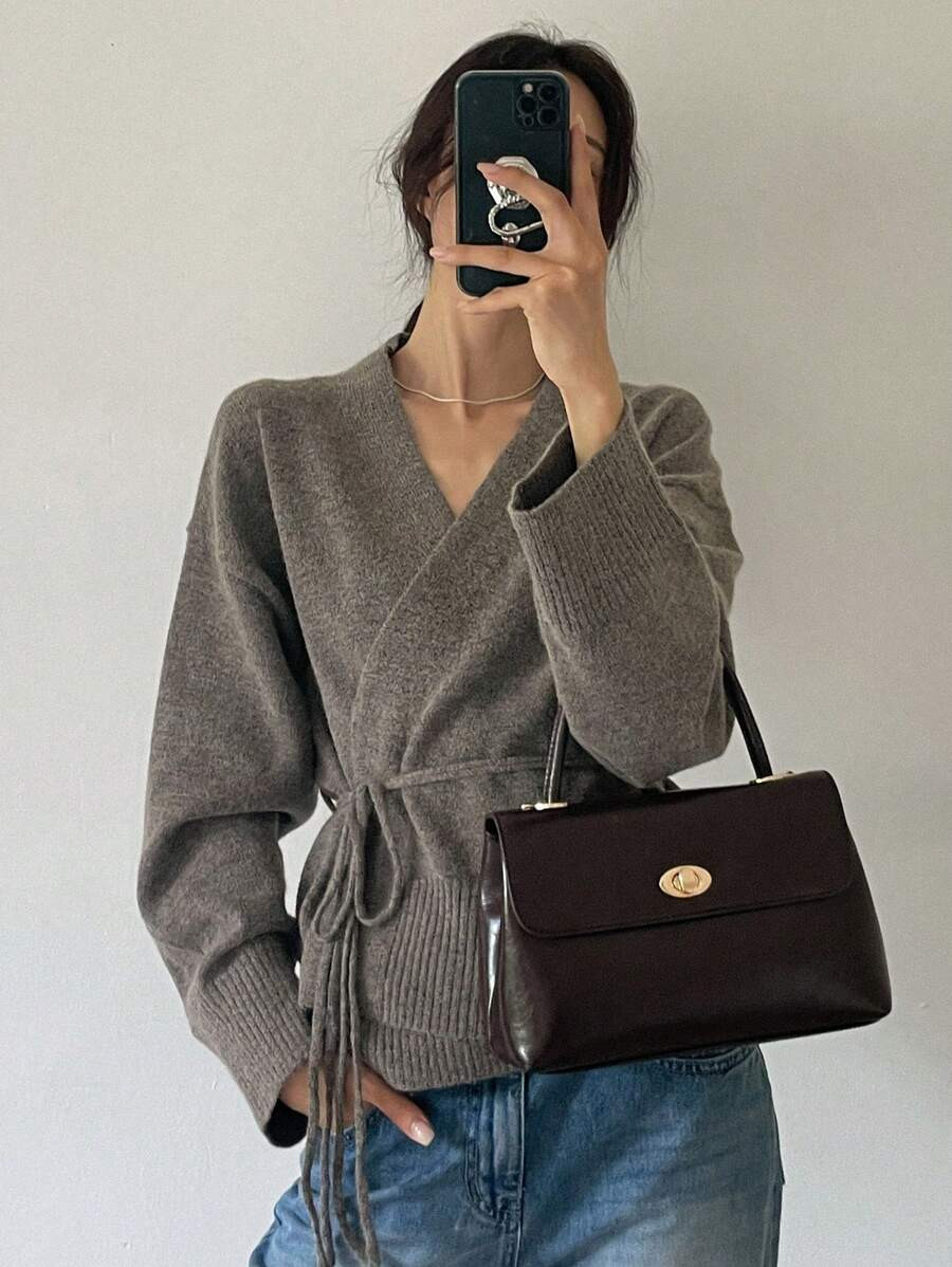 Dazy-Less Women's Business Casual Drawstring Tie Front Cardigan,Long Sleeve Tops | SHEIN