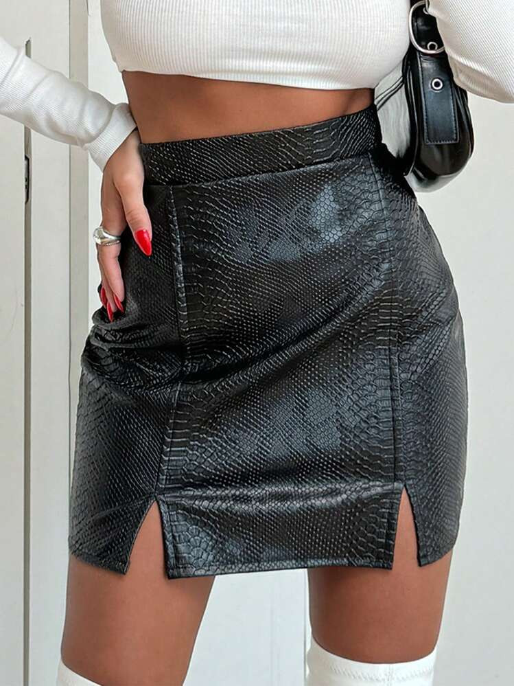 Split Hem Crocodile PU Skirt | SHEIN