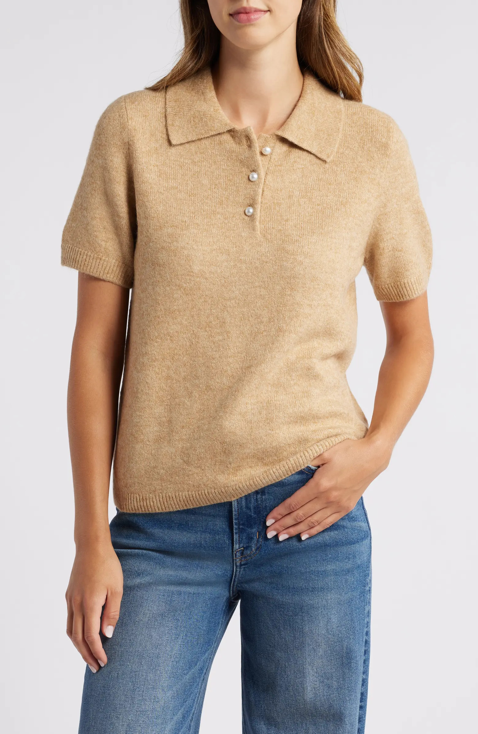 CeCe Imitation Pearl Button Polo Sweater | Nordstrom | Nordstrom