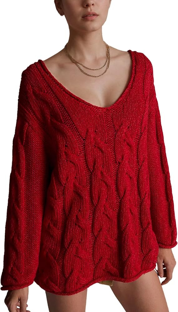 Womens Oversized Off The Shoulder Sweaters Chunky Knit Wide V-Neck Tops Casual Slouchy Pullover F... | Amazon (US)