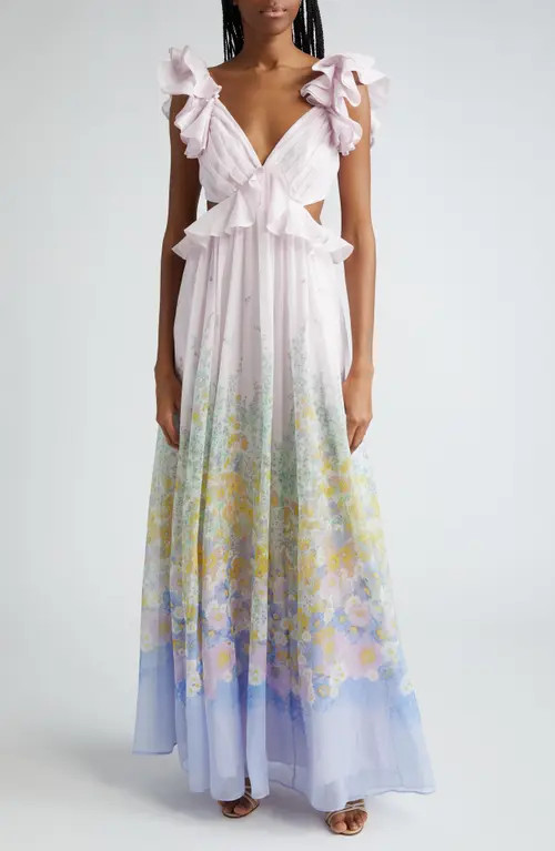 Zimmermann Floral Ruffle Linen & Silk Gown in Blue Meadow at Nordstrom, Size 3 | Nordstrom