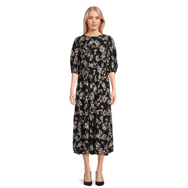 Time and Tru Women's Tie-Back Midi Dress with Elbow Length Sleeves, Sizes XS-XXXL | Walmart (US)