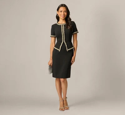 Petite Short Sleeve Pearly Trim Peplum Stretch Sheath Dress In Black | Adrianna Papell