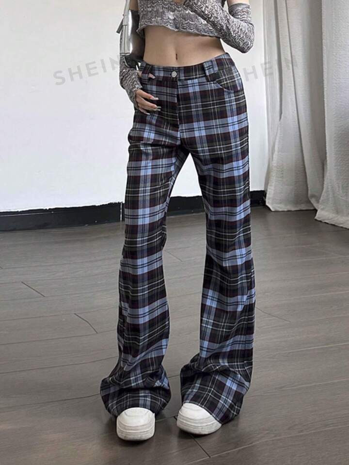 SHEIN ICON Women's Casual Plaid Flared Trousers | SHEIN USA | SHEIN