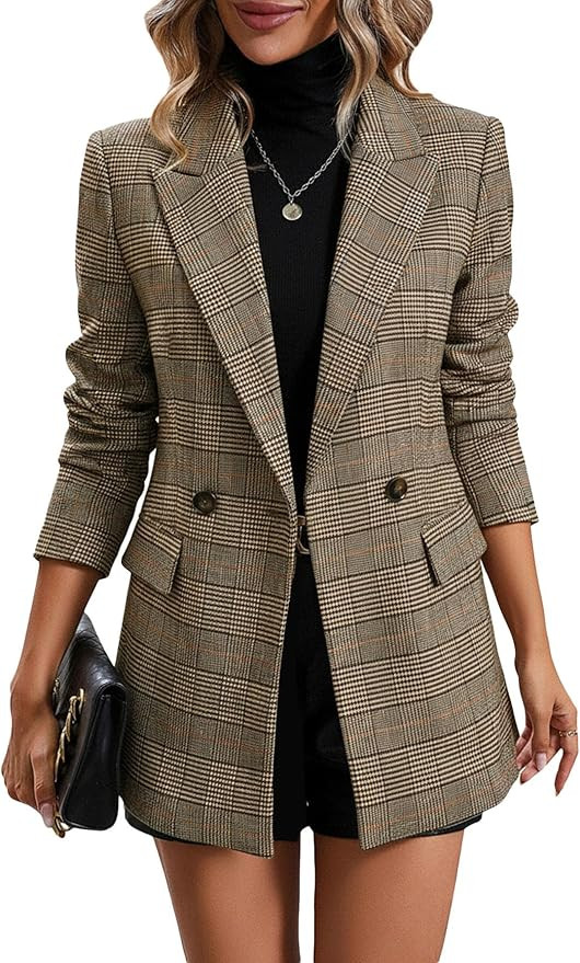 Mina Self 2025 Women's Plaid Houndstooth Blazer Jacket - Fully Lined Business Casual Office Suit ... | Amazon (US)