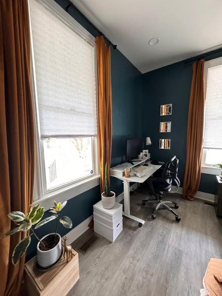 Dark teal guest bedroom and office combo is coming right along! Loved this paint color called Sherwin Williams Perfect Storm and the added gold velvet curtains from Amazon - 70’s dreamy 💛

#LTKhome