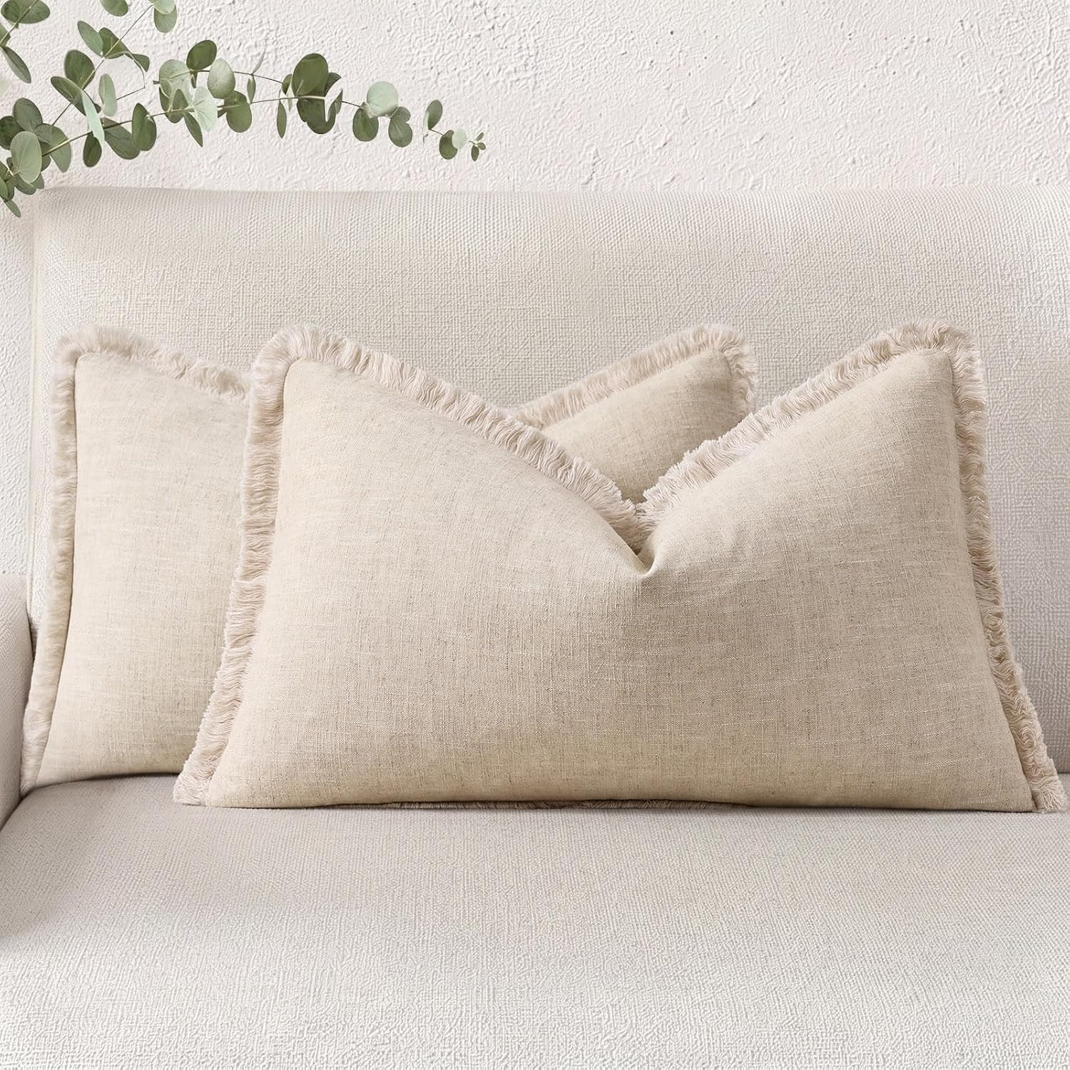 decorUhome Linen Fringe Natural Beige Throw Pillow Covers 12x20 Set of 2 | Amazon (US)